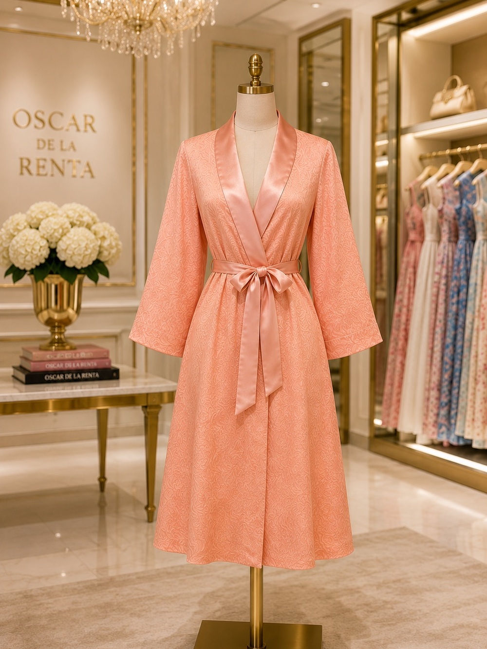 Oscar de la Renta Sheer Chiffon Robe Blush Peach Satin Trim Boudoir  Loungewear